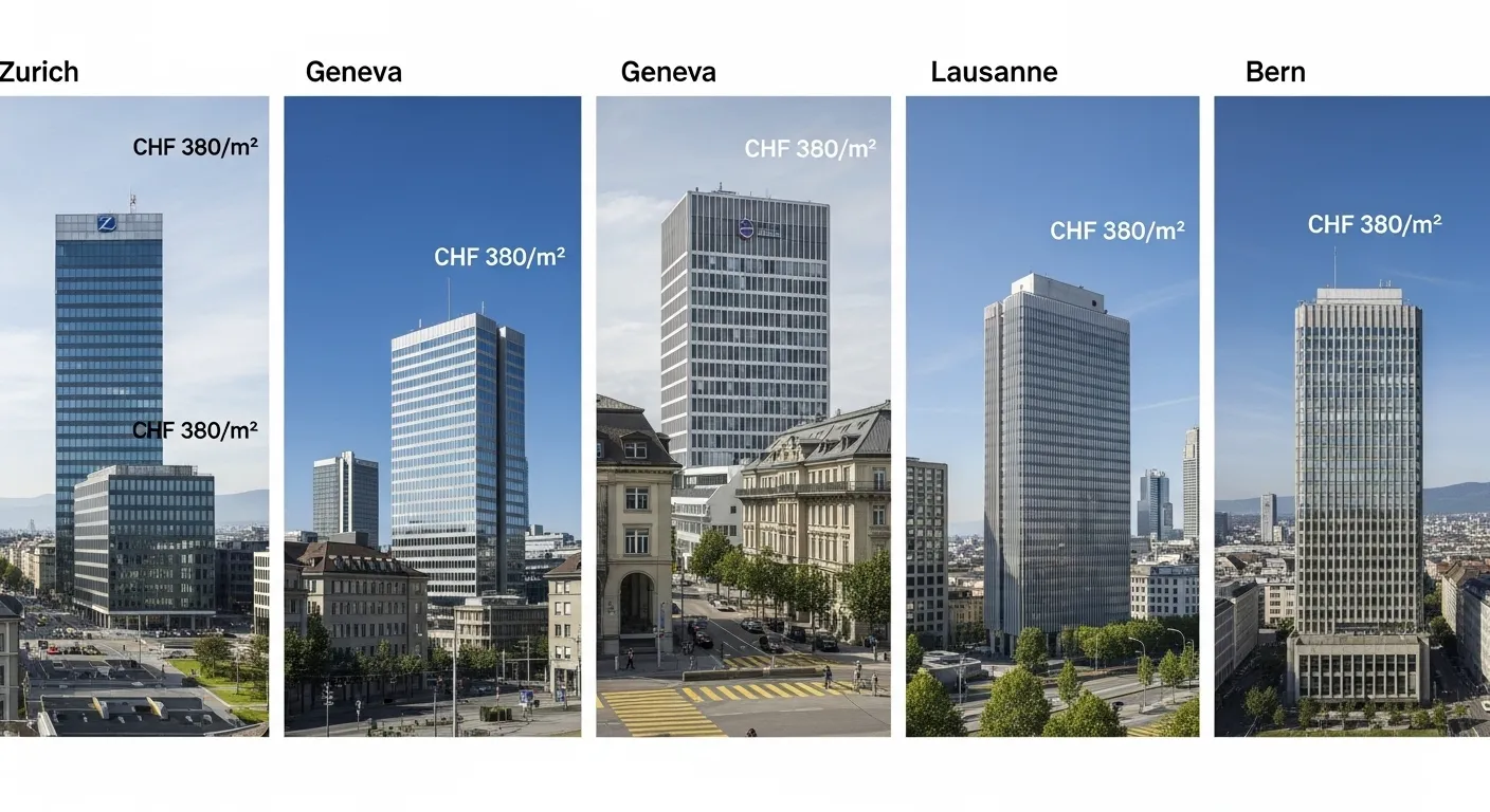 Panorama moderner Bürogebäude in Zürich, Genf, Lausanne, Basel und Bern mit visualisierten Durchschnittsmieten